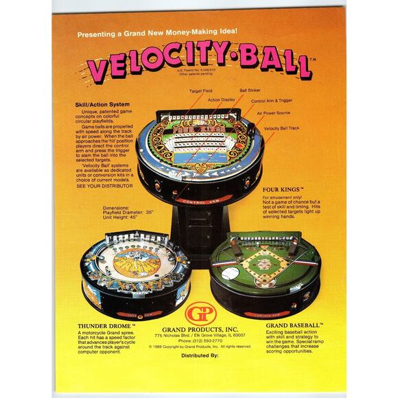 1986 Velocity Ball Arcade Game Flyer by Grand Products Inc IL - Picture 1 of 2